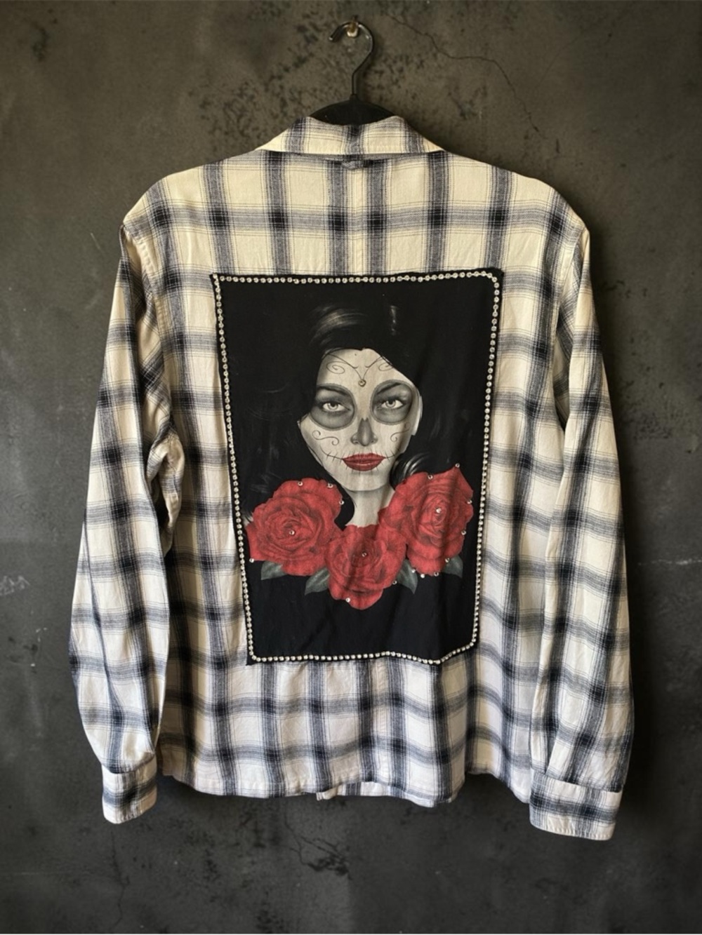 Upcycled Plaid Flannel Shirt with Rose & Dia de los Muertos Back Graphic